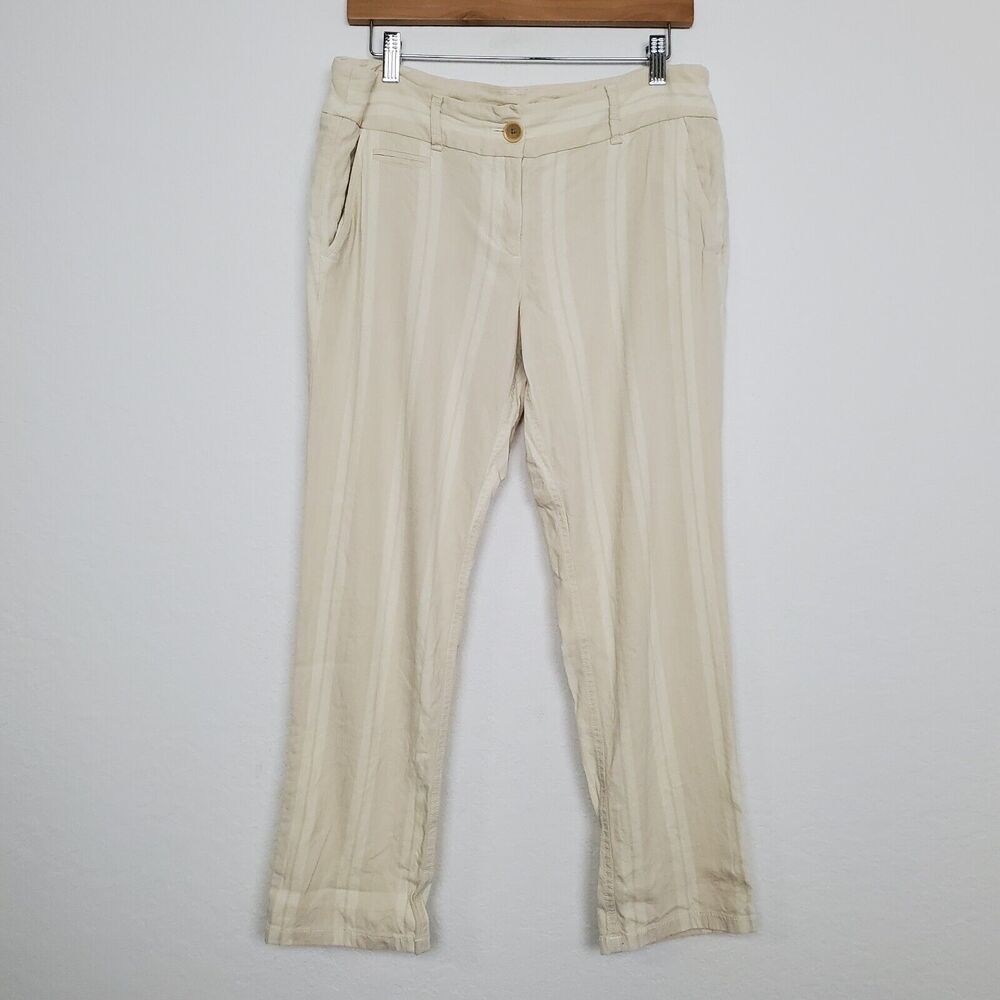 Ann Taylor Loft Womens Pants Size 8 Linen Striped Mid Rise Straight Leg Tan FLAW